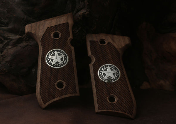 Beretta 92/96/98/M9 Model Full Size Compatible Walnut Grip for Replacement (with Diamond Checkered & Silver Star Logo)