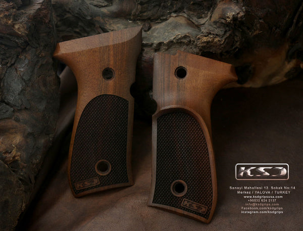 Beretta 92/96/98/M9 Model Full Size Compatible Walnut Grip for Replacement (with Thumb Grip & Diamond Checkered Pattern)