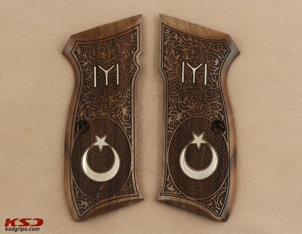 CZ 75B 85B and SP 01 model Compatible Walnut Grip for Replacement (Costumized Logo and Figure on Silver material)