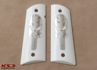 Colt / Other 1911's Model Full Size Compatible White Acrylic Grip for Replacement, (Skull on Silver)