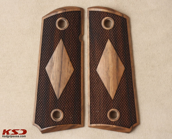 Colt 1911 Compact Officer / Defender / Agent Model Compatible Walnut Grip for Replacement, with Diamond Checkered Pattern