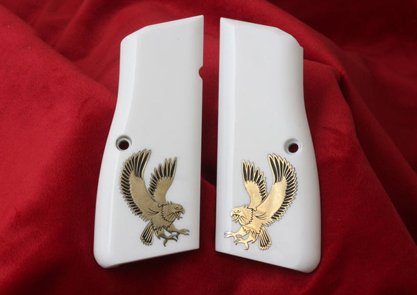 Browning HP Model Compatible White Acrylic Grip for Replacement (Eagle Figure on Silver Material)