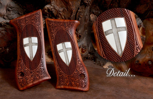 Jericho .45 ACP Model Compatible Rosewood Grip for Replacement, (with Shield Cross on Silver Material)