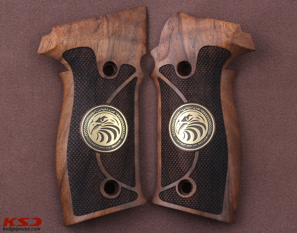 Sig Sauer P226 Model Compatible Walnut Grip for Replacement (with Diamond Checkered Pattern & Eagle Figure on Brass)