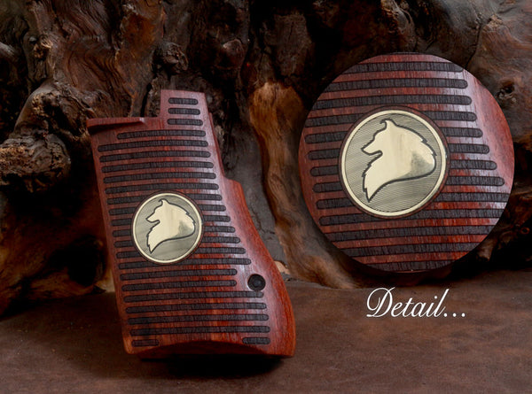 Desert Eagle Mark I / Mark VII / Mark XIX Model Compatible Rosewood Grip for Replacement (Wolf Figure on Brass Material)