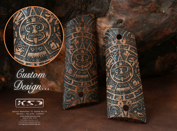 Colt / Other 1911's Model Full Size Compatible Walnut Grip for Replacement (Aztec Calendar)