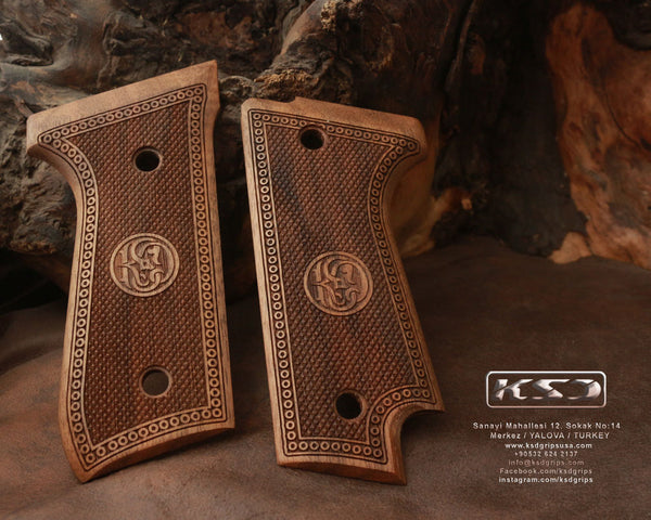 Beretta 92 S Model Compatible Walnut Grip for Replacement, with Diamond Checkered Pattern