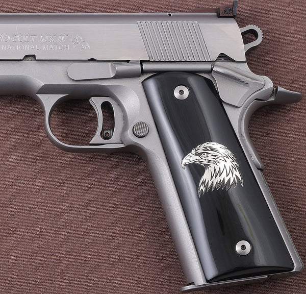 Colt / Other 1911's Model Full Size Compatible Black Acrylic Grip for Replacement, (Eagle Logo on Silver)