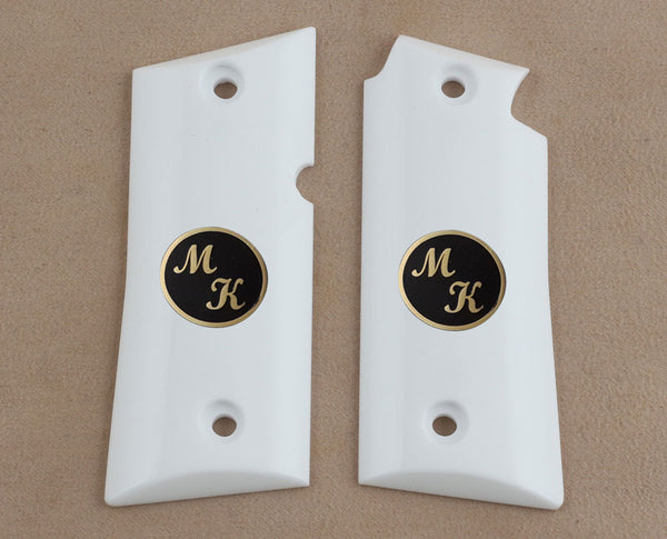 Colt Mustang Pocketlite Model Compatible White Acrylic Grip for Replacement (with Custom Initials on Brass)